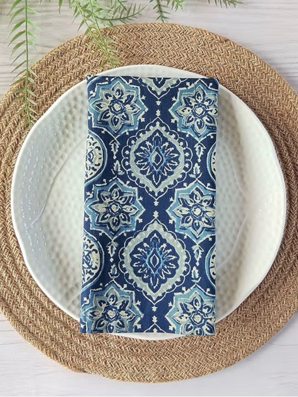 NEW** Set of 2 Blue Patterned Napkins with Hyacinth Woven Tan Rings